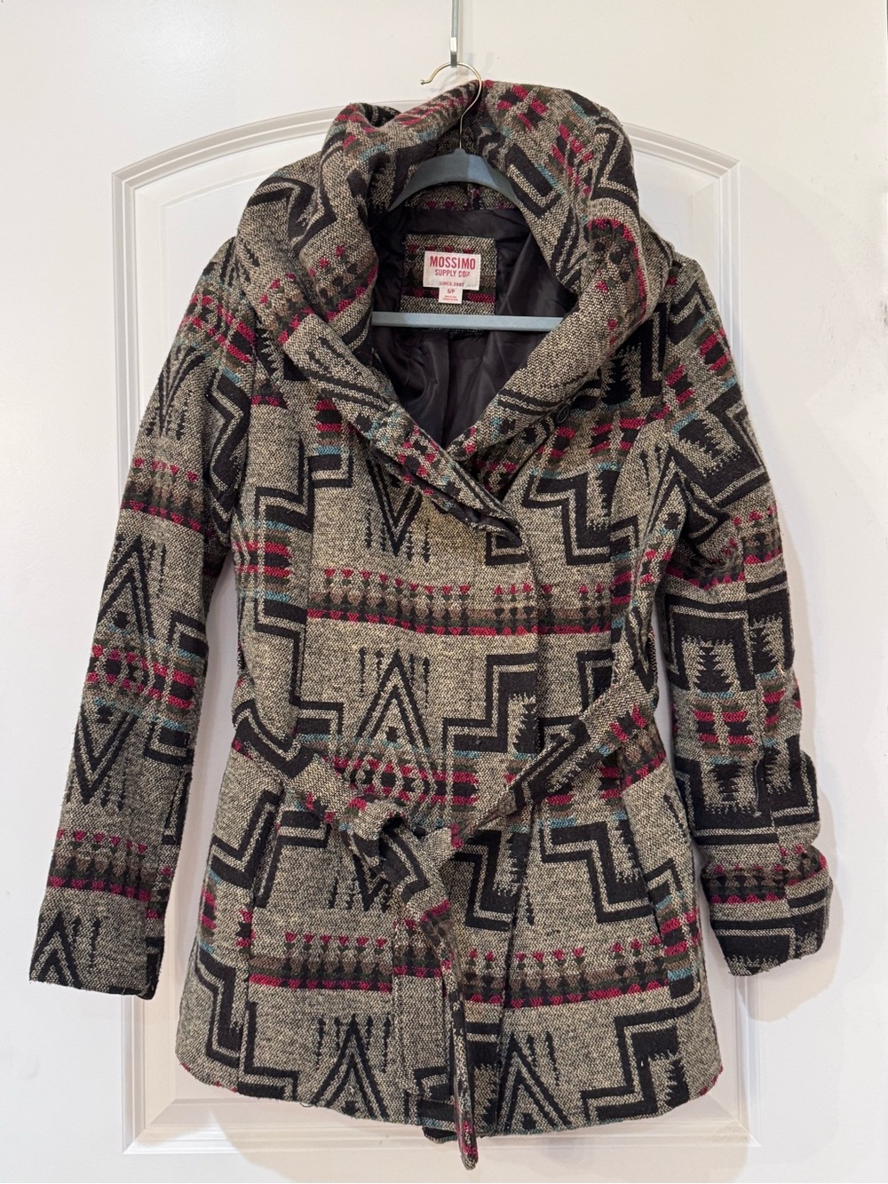 Mossimo Supply Co. Geometric Hooded Belted Coat in Gray, Black & Pink